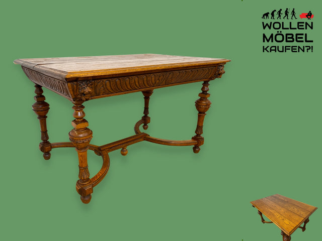 WMK I Wunderschöner antiker Esstisch aus massiver Eiche mit handverziertem Tischgestell, um 1900 I Tisch Holztisch Esszimmertisch Küchentisch Schreibtisch Gründerzeit Vintage I Berlin Dresden München