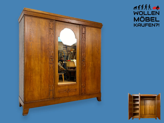 WMK I Wunderschöner antiker Kleiderschrank aus Eiche mit Spiegel & handverzierten Ornamenten I Schrank Schlafzimmerschrank Wäscheschrank Wardrobe Jugendstil Art Deco Vintage I Berlin Duisburg Leipzig