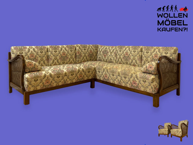 WMK I Wunderschönes antikes Ecksofa mit floralem Bezug , Wiener Geflecht und Federkern I Eckcouch Sofa Couch Sitzgarnitur Sitzgruppe Art Deco Barock Chippendale Vintage 30er I Berlin Dresden München