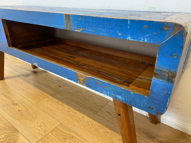 Boatwood by WMK I Einzigartiges handgefertigtes TV Lowboard aus altem Bootsholz in Blau mit Schublade und Fach I Teakholz massiv I Sideboard Kommode Bank Rack Stand Fernsehkommode Berlin Bremen Köln