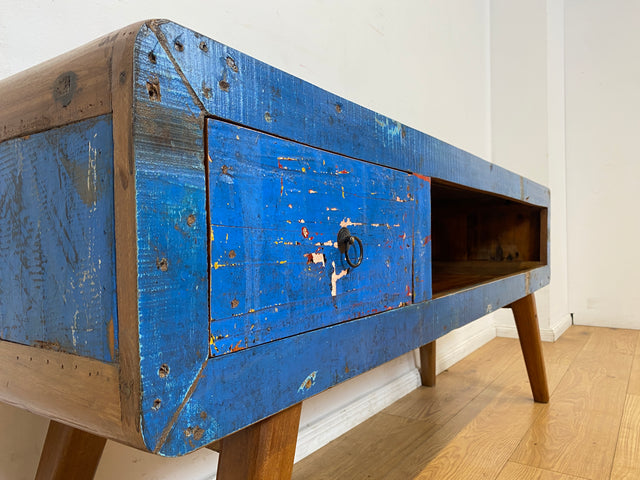Boatwood by WMK I Einzigartiges handgefertigtes TV Lowboard aus altem Bootsholz in Blau mit Schublade und Fach I Teakholz massiv I Sideboard Kommode Bank Rack Stand Fernsehkommode Berlin Bremen Köln