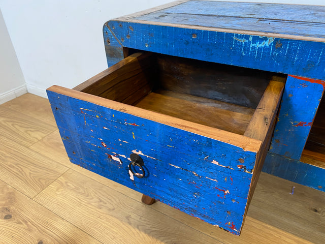 Boatwood by WMK I Einzigartiges handgefertigtes TV Lowboard aus altem Bootsholz in Blau mit Schublade und Fach I Teakholz massiv I Sideboard Kommode Bank Rack Stand Fernsehkommode Berlin Bremen Köln