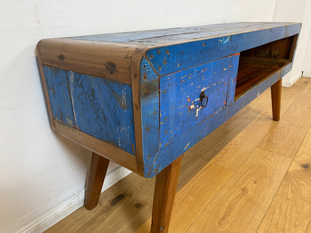 Boatwood by WMK I Einzigartiges handgefertigtes TV Lowboard aus altem Bootsholz in Blau mit Schublade und Fach I Teakholz massiv I Sideboard Kommode Bank Rack Stand Fernsehkommode Berlin Bremen Köln
