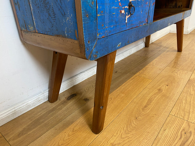 Boatwood by WMK I Einzigartiges handgefertigtes TV Lowboard aus altem Bootsholz in Blau mit Schublade und Fach I Teakholz massiv I Sideboard Kommode Bank Rack Stand Fernsehkommode Berlin Bremen Köln