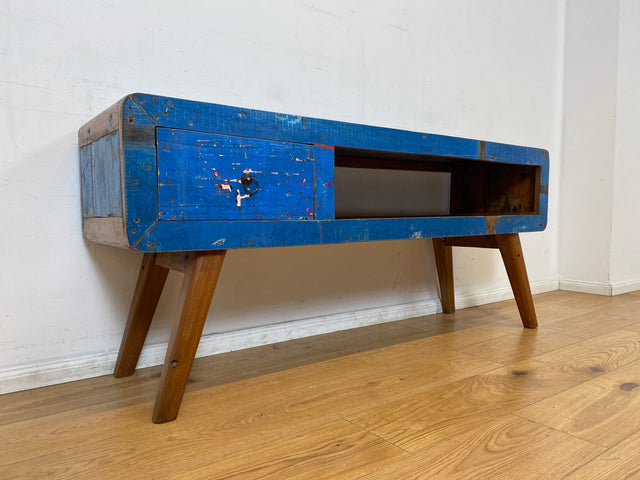 Boatwood by WMK I Einzigartiges handgefertigtes TV Lowboard aus altem Bootsholz in Blau mit Schublade und Fach I Teakholz massiv I Sideboard Kommode Bank Rack Stand Fernsehkommode Berlin Bremen Köln