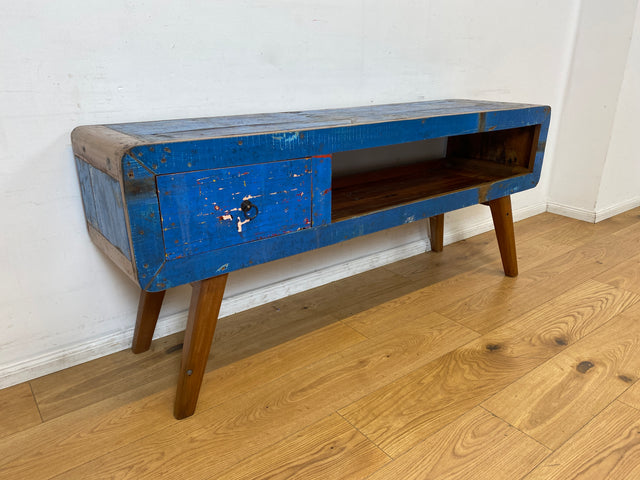 Boatwood by WMK I Einzigartiges handgefertigtes TV Lowboard aus altem Bootsholz in Blau mit Schublade und Fach I Teakholz massiv I Sideboard Kommode Bank Rack Stand Fernsehkommode Berlin Bremen Köln