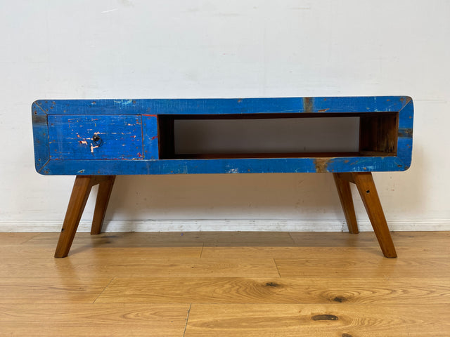 Boatwood by WMK I Einzigartiges handgefertigtes TV Lowboard aus altem Bootsholz in Blau mit Schublade und Fach I Teakholz massiv I Sideboard Kommode Bank Rack Stand Fernsehkommode Berlin Bremen Köln