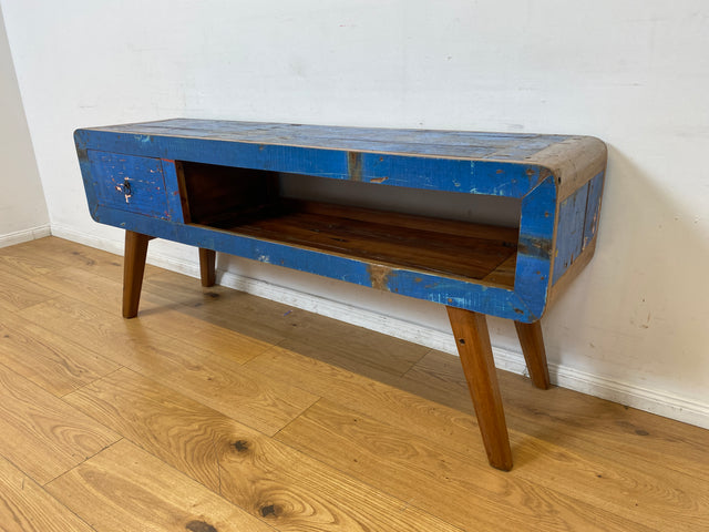 Boatwood by WMK I Einzigartiges handgefertigtes TV Lowboard aus altem Bootsholz in Blau mit Schublade und Fach I Teakholz massiv I Sideboard Kommode Bank Rack Stand Fernsehkommode Berlin Bremen Köln