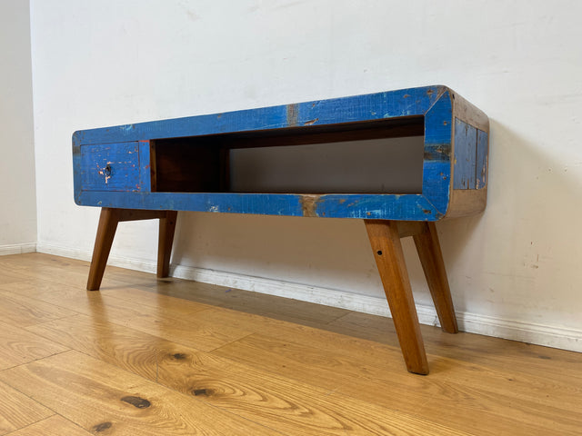 Boatwood by WMK I Einzigartiges handgefertigtes TV Lowboard aus altem Bootsholz in Blau mit Schublade und Fach I Teakholz massiv I Sideboard Kommode Bank Rack Stand Fernsehkommode Berlin Bremen Köln