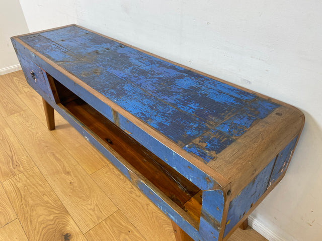 Boatwood by WMK I Einzigartiges handgefertigtes TV Lowboard aus altem Bootsholz in Blau mit Schublade und Fach I Teakholz massiv I Sideboard Kommode Bank Rack Stand Fernsehkommode Berlin Bremen Köln