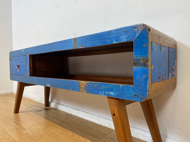 Boatwood by WMK I Einzigartiges handgefertigtes TV Lowboard aus altem Bootsholz in Blau mit Schublade und Fach I Teakholz massiv I Sideboard Kommode Bank Rack Stand Fernsehkommode Berlin Bremen Köln