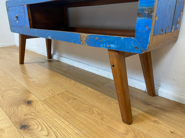 Boatwood by WMK I Einzigartiges handgefertigtes TV Lowboard aus altem Bootsholz in Blau mit Schublade und Fach I Teakholz massiv I Sideboard Kommode Bank Rack Stand Fernsehkommode Berlin Bremen Köln
