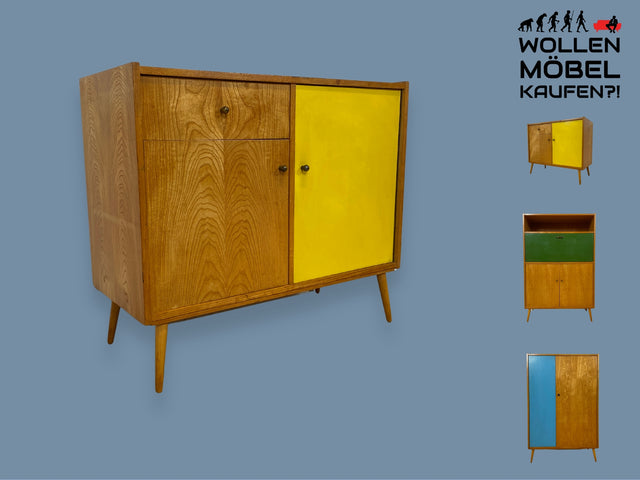WMK I Rare helle Mid-Century Kommode in gelber Originalfarbe mit Schubladen und Messinggriffen I Sideboard Schrank Wäschekommode Flurkommode Schuhschrank TV Board Vintage 60er I Berlin Hamburg Köln