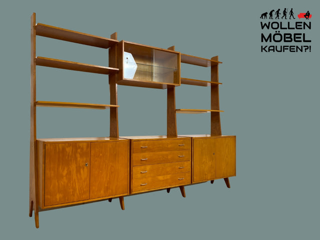 WMK I Stilvolle helle modulare Mid-Century Regalwand mit Vitrine I Vollholz in Kirsche I Schrankwand Anbauwand Wohnwand Regal Regalsystem Bücherregal Bücherschrank Sideboard 50er 60er Vintage Berlin