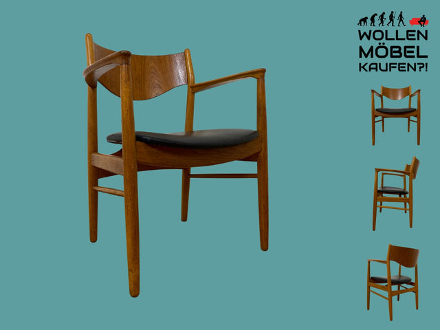 WMK I Stilvoller skandinavischer Mid-Century Armlehnstuhl mit Kunstleder Bezug I Teakholz I Stuhl Sessel Schreibtischstuhl Armchair Vintage Danish Design 60er Teak Leder Leather Berlin Leipzig Bremen