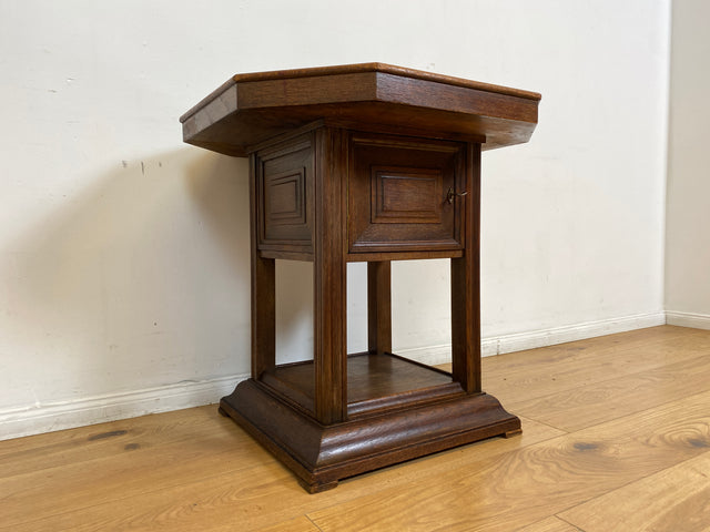 WMK I Hochwertiger achteckiger antiker Beistelltisch aus Eichenholz mit Marmor Platte und großem Fach I Marmortisch Salontisch Rauchertisch Zigarrentisch Spieltisch Säule Art Deco Jugendstil Vintage