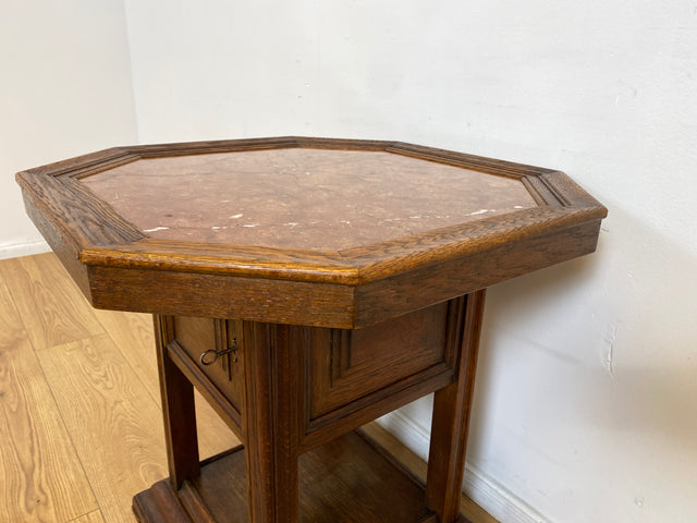 WMK I Hochwertiger achteckiger antiker Beistelltisch aus Eichenholz mit Marmor Platte und großem Fach I Marmortisch Salontisch Rauchertisch Zigarrentisch Spieltisch Säule Art Deco Jugendstil Vintage