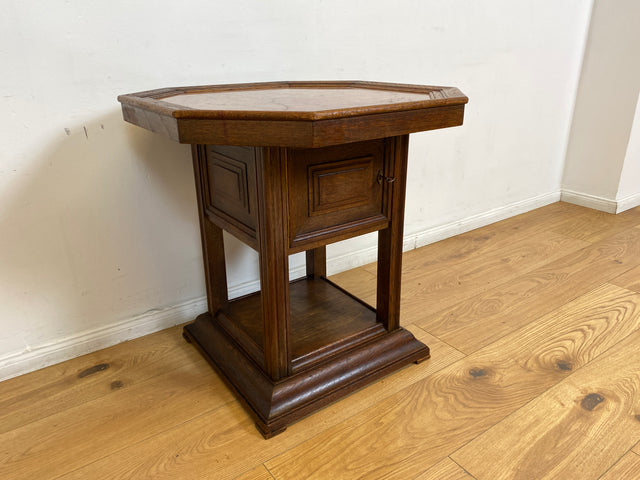 WMK I Hochwertiger achteckiger antiker Beistelltisch aus Eichenholz mit Marmor Platte und großem Fach I Marmortisch Salontisch Rauchertisch Zigarrentisch Spieltisch Säule Art Deco Jugendstil Vintage
