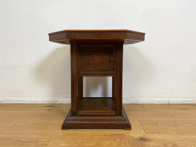 WMK I Hochwertiger achteckiger antiker Beistelltisch aus Eichenholz mit Marmor Platte und großem Fach I Marmortisch Salontisch Rauchertisch Zigarrentisch Spieltisch Säule Art Deco Jugendstil Vintage