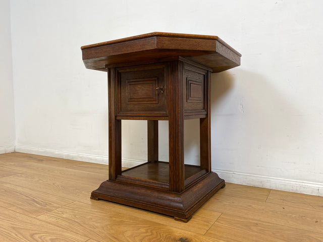 WMK I Hochwertiger achteckiger antiker Beistelltisch aus Eichenholz mit Marmor Platte und großem Fach I Marmortisch Salontisch Rauchertisch Zigarrentisch Spieltisch Säule Art Deco Jugendstil Vintage