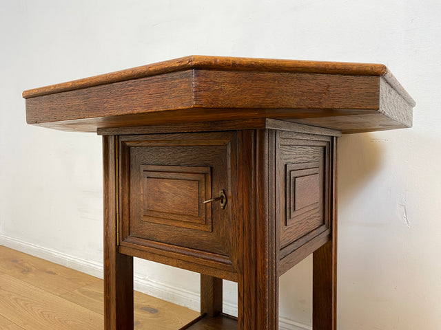 WMK I Hochwertiger achteckiger antiker Beistelltisch aus Eichenholz mit Marmor Platte und großem Fach I Marmortisch Salontisch Rauchertisch Zigarrentisch Spieltisch Säule Art Deco Jugendstil Vintage