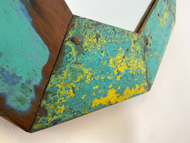 Boatwood by WMK # Großer achtkantiger Wandspiegel in Meeresblau, ein aus altem Bootsholz handgefertigtes Unikat aus Teakholz # grüner Oktagon Spiegel Badspiegel Flurspiegel octagon Mirror Bootsmöbel