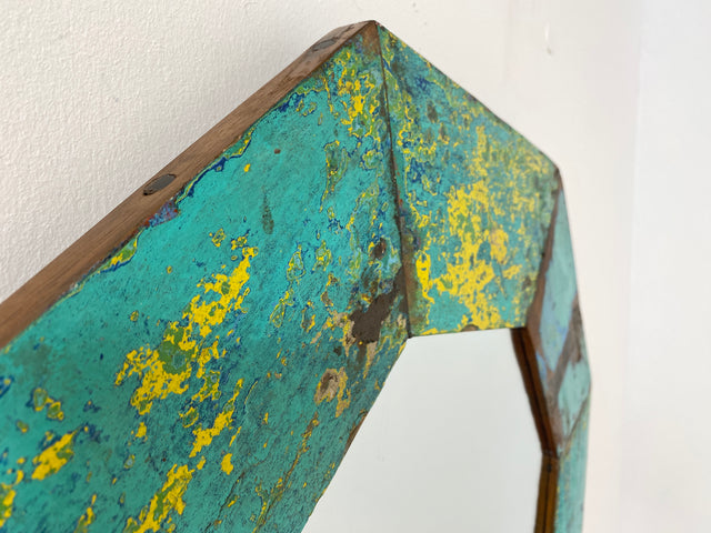Boatwood by WMK # Großer achtkantiger Wandspiegel in Meeresblau, ein aus altem Bootsholz handgefertigtes Unikat aus Teakholz # grüner Oktagon Spiegel Badspiegel Flurspiegel octagon Mirror Bootsmöbel