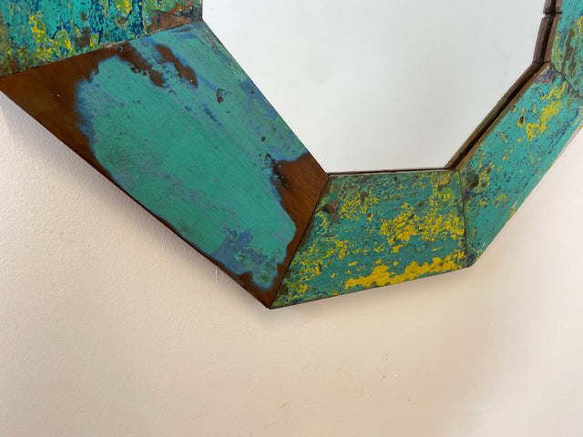 Boatwood by WMK # Großer achtkantiger Wandspiegel in Meeresblau, ein aus altem Bootsholz handgefertigtes Unikat aus Teakholz # grüner Oktagon Spiegel Badspiegel Flurspiegel octagon Mirror Bootsmöbel