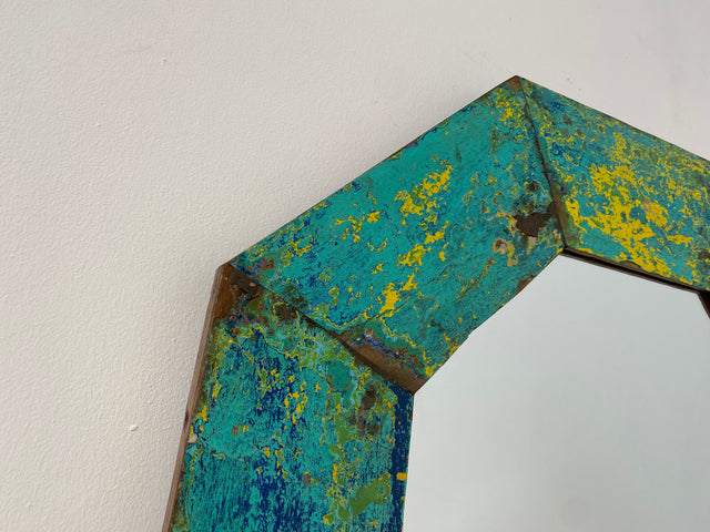 Boatwood by WMK # Großer achtkantiger Wandspiegel in Meeresblau, ein aus altem Bootsholz handgefertigtes Unikat aus Teakholz # grüner Oktagon Spiegel Badspiegel Flurspiegel octagon Mirror Bootsmöbel
