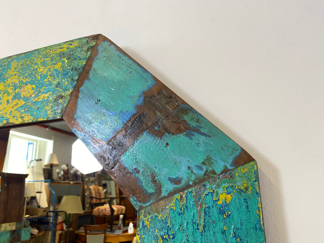 Boatwood by WMK # Großer achtkantiger Wandspiegel in Meeresblau, ein aus altem Bootsholz handgefertigtes Unikat aus Teakholz # grüner Oktagon Spiegel Badspiegel Flurspiegel octagon Mirror Bootsmöbel