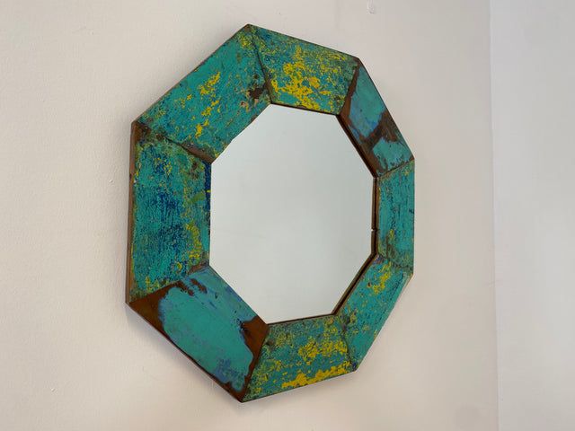 Boatwood by WMK # Großer achtkantiger Wandspiegel in Meeresblau, ein aus altem Bootsholz handgefertigtes Unikat aus Teakholz # grüner Oktagon Spiegel Badspiegel Flurspiegel octagon Mirror Bootsmöbel
