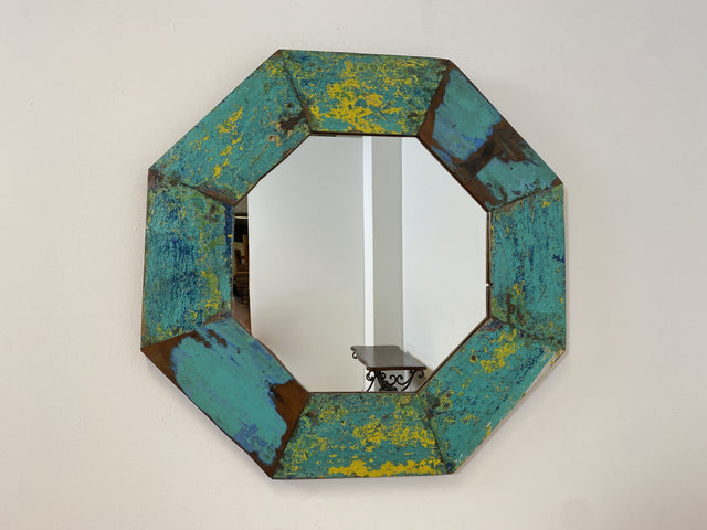Boatwood by WMK # Großer achtkantiger Wandspiegel in Meeresblau, ein aus altem Bootsholz handgefertigtes Unikat aus Teakholz # grüner Oktagon Spiegel Badspiegel Flurspiegel octagon Mirror Bootsmöbel