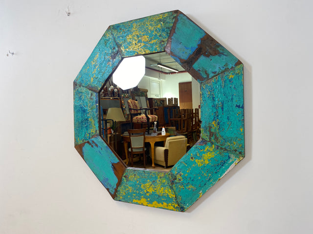 Boatwood by WMK # Großer achtkantiger Wandspiegel in Meeresblau, ein aus altem Bootsholz handgefertigtes Unikat aus Teakholz # grüner Oktagon Spiegel Badspiegel Flurspiegel octagon Mirror Bootsmöbel