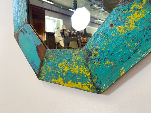 Boatwood by WMK # Großer achtkantiger Wandspiegel in Meeresblau, ein aus altem Bootsholz handgefertigtes Unikat aus Teakholz # grüner Oktagon Spiegel Badspiegel Flurspiegel octagon Mirror Bootsmöbel