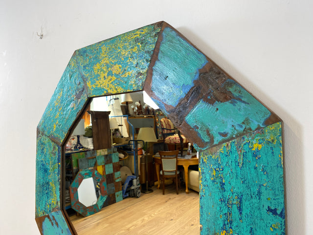 Boatwood by WMK # Großer achtkantiger Wandspiegel in Meeresblau, ein aus altem Bootsholz handgefertigtes Unikat aus Teakholz # grüner Oktagon Spiegel Badspiegel Flurspiegel octagon Mirror Bootsmöbel