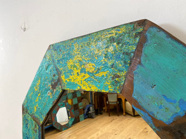 Boatwood by WMK # Großer achtkantiger Wandspiegel in Meeresblau, ein aus altem Bootsholz handgefertigtes Unikat aus Teakholz # grüner Oktagon Spiegel Badspiegel Flurspiegel octagon Mirror Bootsmöbel