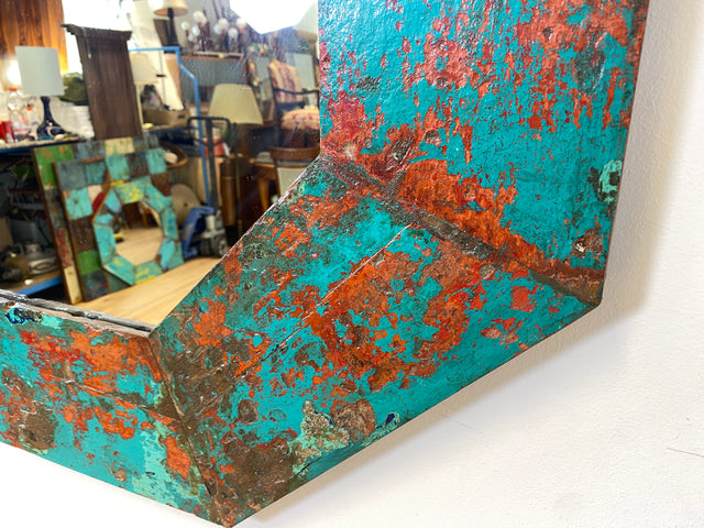 Boatwood by WMK # Großer achtkantiger Wandspiegel in Meeresblau, ein aus altem Bootsholz handgefertigtes Unikat aus Teakholz # grüner Oktagon Spiegel Badspiegel Flurspiegel octagon Mirror Bootsmöbel