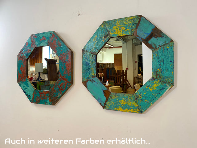 Boatwood by WMK # Großer achtkantiger Wandspiegel in Meeresblau, ein aus altem Bootsholz handgefertigtes Unikat aus Teakholz # grüner Oktagon Spiegel Badspiegel Flurspiegel octagon Mirror Bootsmöbel