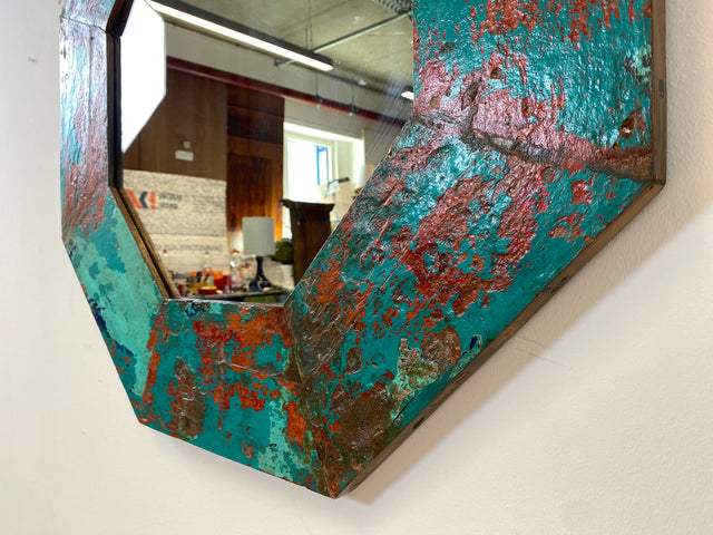 Boatwood by WMK # Großer achtkantiger Wandspiegel in Meeresblau, ein aus altem Bootsholz handgefertigtes Unikat aus Teakholz # grüner Oktagon Spiegel Badspiegel Flurspiegel octagon Mirror Bootsmöbel