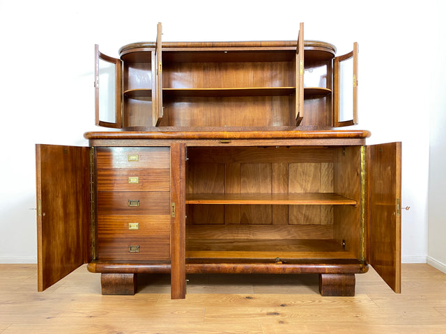 WMK # Imposante antike Anrichte aus vollem Holz in Nussbaum mit Aufsatz Vitrine und Schubladen # Büfett Buffet Küchenanrichte Geschirrschrank Küchenschrank Küchenbuffet Art Deco Vintage Berlin München