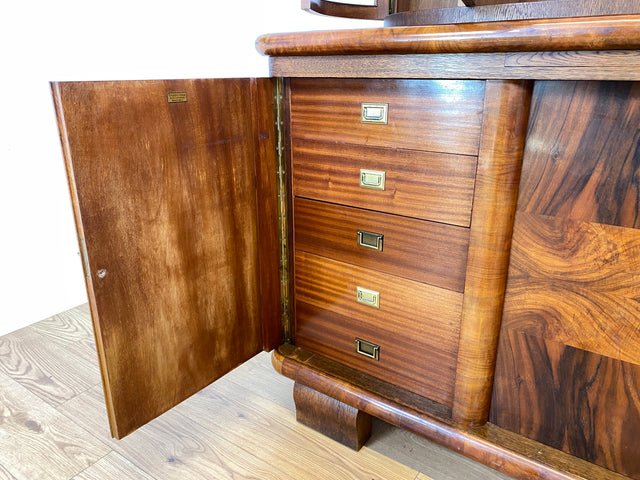 WMK # Imposante antike Anrichte aus vollem Holz in Nussbaum mit Aufsatz Vitrine und Schubladen # Büfett Buffet Küchenanrichte Geschirrschrank Küchenschrank Küchenbuffet Art Deco Vintage Berlin München