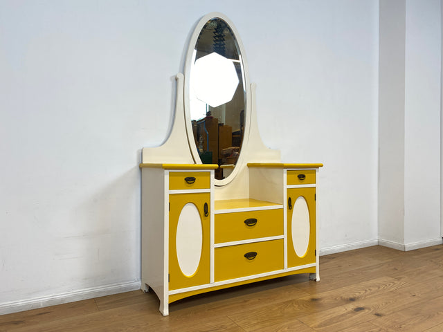 WMK I Sonnengelbe antike Spiegelkommode aus vollem Holz mit neigbarem Spiegel und Schubladen I Frisierkommode Wäschekommode Anrichte Garderobe Flurkommode Jugendstil Vintage Dresden Potsdam Dortmund