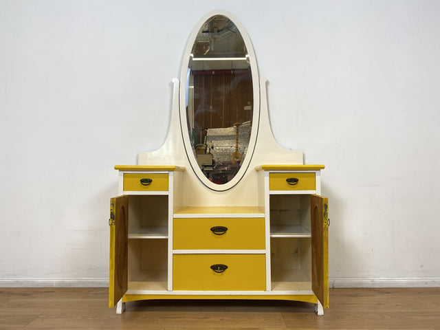 WMK I Sonnengelbe antike Spiegelkommode aus vollem Holz mit neigbarem Spiegel und Schubladen I Frisierkommode Wäschekommode Anrichte Garderobe Flurkommode Jugendstil Vintage Dresden Potsdam Dortmund