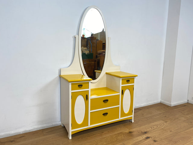 WMK I Sonnengelbe antike Spiegelkommode aus vollem Holz mit neigbarem Spiegel und Schubladen I Frisierkommode Wäschekommode Anrichte Garderobe Flurkommode Jugendstil Vintage Dresden Potsdam Dortmund