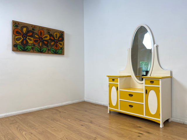 WMK I Sonnengelbe antike Spiegelkommode aus vollem Holz mit neigbarem Spiegel und Schubladen I Frisierkommode Wäschekommode Anrichte Garderobe Flurkommode Jugendstil Vintage Dresden Potsdam Dortmund