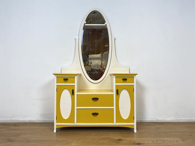 WMK I Sonnengelbe antike Spiegelkommode aus vollem Holz mit neigbarem Spiegel und Schubladen I Frisierkommode Wäschekommode Anrichte Garderobe Flurkommode Jugendstil Vintage Dresden Potsdam Dortmund