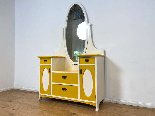 WMK I Sonnengelbe antike Spiegelkommode aus vollem Holz mit neigbarem Spiegel und Schubladen I Frisierkommode Wäschekommode Anrichte Garderobe Flurkommode Jugendstil Vintage Dresden Potsdam Dortmund