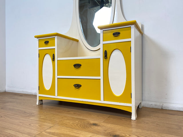 WMK I Sonnengelbe antike Spiegelkommode aus vollem Holz mit neigbarem Spiegel und Schubladen I Frisierkommode Wäschekommode Anrichte Garderobe Flurkommode Jugendstil Vintage Dresden Potsdam Dortmund