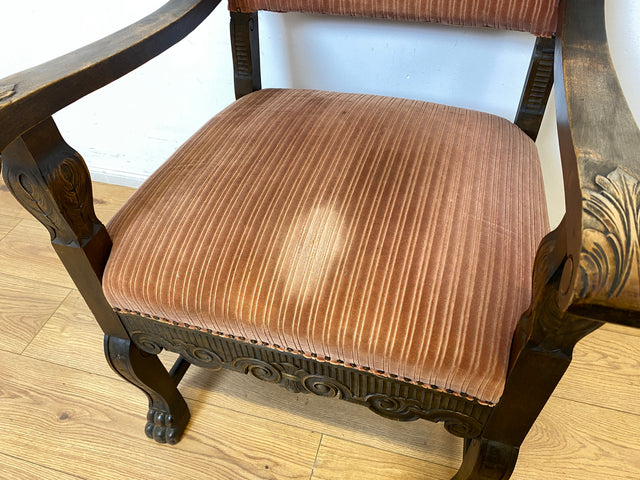 WMK # Herrlicher antiker Armlehnstuhl in gutem Zustand mit edlem Stoffbezug und bequemen Federkernsitz # Sessel Stuhl Armlehner Lesesessel Schreibtischstuhl Thronstuhl Tudor Vintage Gründerzeit