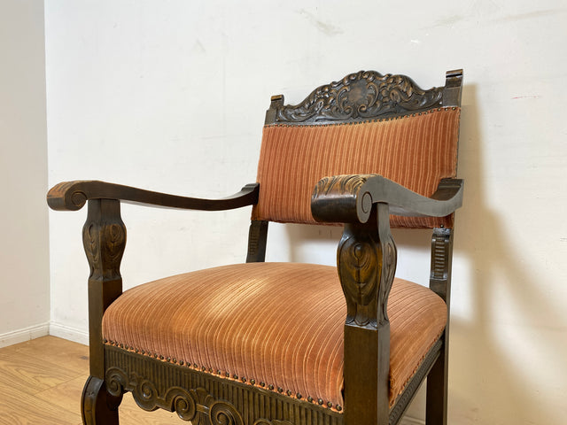 WMK # Herrlicher antiker Armlehnstuhl in gutem Zustand mit edlem Stoffbezug und bequemen Federkernsitz # Sessel Stuhl Armlehner Lesesessel Schreibtischstuhl Thronstuhl Tudor Vintage Gründerzeit